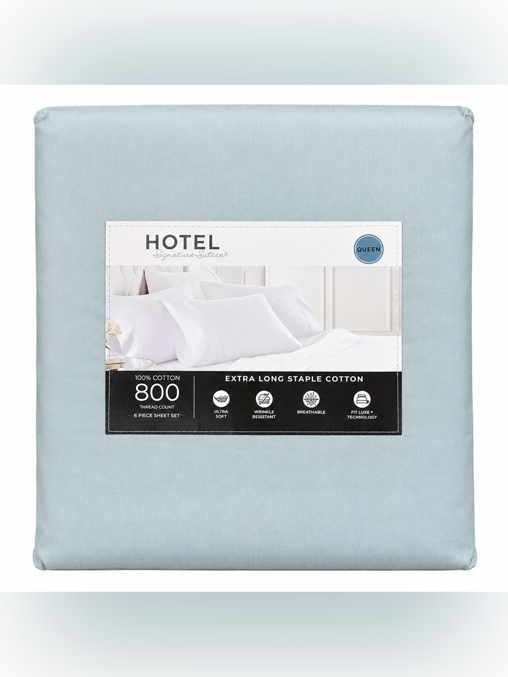 Hotel Signature Queen 800 TC 100% Cotton Sateen Sheet Set 6 Pc Lt Blue NEW